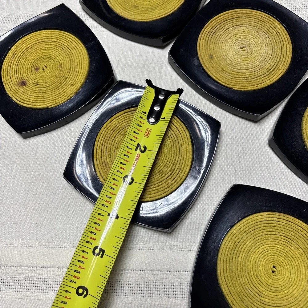 Vintage MCM Mid Century Set of 6 Plastic Drink Coasters Black Yellow